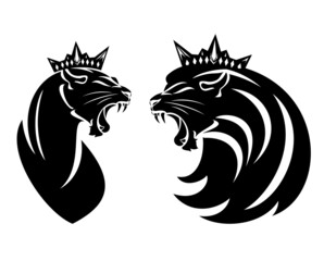 roaring lion and lioness with royal crown - king and queen leo head black and white vector design set