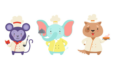 Cute Animal Chefs Characters Set, Monkey, Elephant, Dog in Uniform Cooking Tasty Dishes Cartoon Vector Illustration