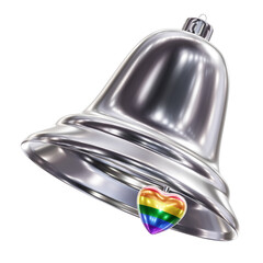  3D render of the silver Christmas bell with a rainbow Pride flag bell clapper