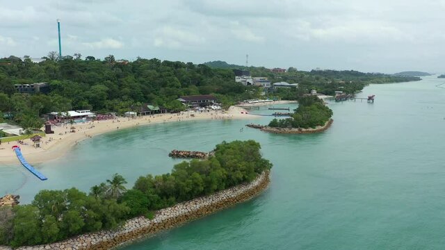 summer cloudy day singapore city famous sentosa island beach aerial panorama 4k