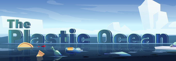Plastic ocean pollution, arctic trash banner. © klyaksun