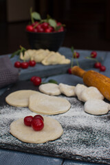 Cooking dumplings with cherries. A traditional dish of the Eastern Slavs. The concept is vegetarianism.