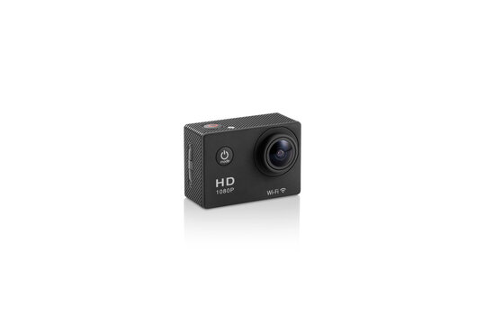 Three-quarter view of black action cam on white background with reflection underneath