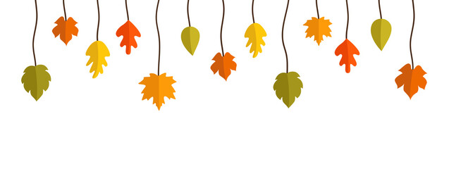 Fototapeta na wymiar Colorful hanging autumn leaves on white background. Modern hand drawn vector illustration