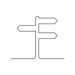 Road sign arrows one continuous line drawing. Signpost outline in three directions. Line art concept. Vector isolated on white 
