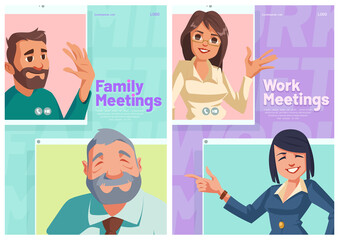 Family or work online meeting cartoon posters.