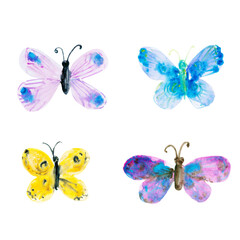 Set of colourful bright watercolor butterflies in pink, purple, blue and yellow colors