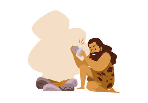 Caveman dressed in animal skins lights fire, flat vector illustration isolated.