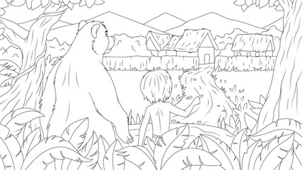 Vector illustration, boy with a bear walk in the jungle, travel to the nearest village