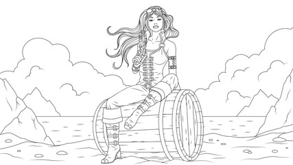 Fototapeta na wymiar Vector illustration, a beautiful girl pirate sits on a barrel on the beach and holds a pistol in her hand