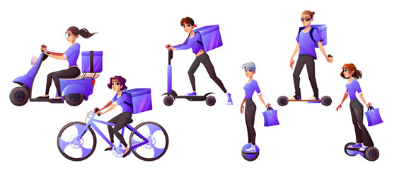 Fototapeta na wymiar Delivery service workers riding electric transport