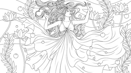 Fototapeta na wymiar Vector illustration, beautiful girl swims underwater in a beautiful dress
