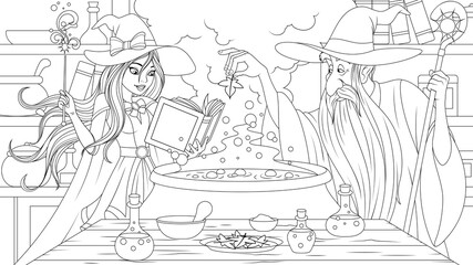 Vector graphics, a young beautiful witch learns magic from an old wizard