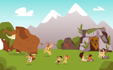 Obraz na płótnie Canvas Life tribal of primitive cave people in stone age a flat vector illustration.