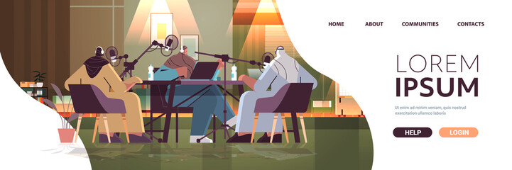 Fototapeta na wymiar arab podcasters talking to microphones recording podcast in studio podcasting online radio broadcasting concept