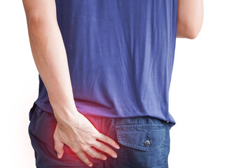 Man with stomach ache on white background,painful area highlighted in red