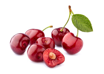 Sweet cherries  isolated on white background cutout. Ripe berries closeup.