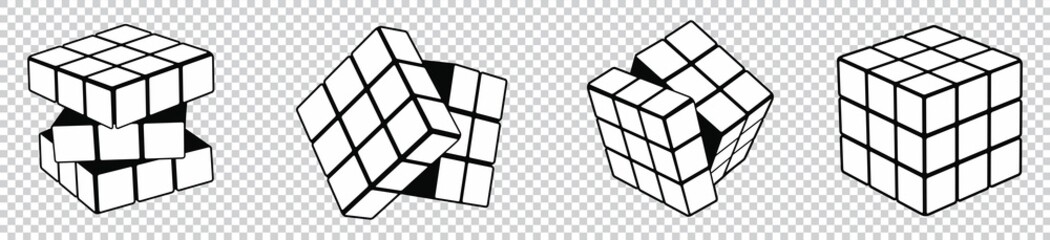 Rubik's cube vector isolated on transparent background. Unsolved Rubik's cube, solved Rubik's cube, puzzle, Vector illustration. - obrazy, fototapety, plakaty