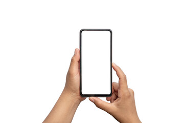 women hand holding a white screen phone isolated on white background with clipping path.