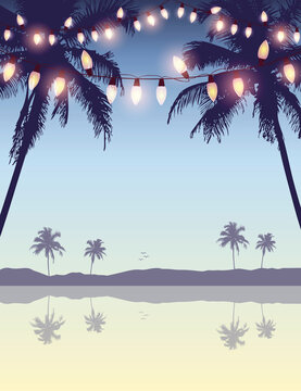 tropical summer paradise background with fairy light and palm leaves
