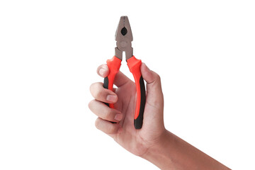 hand holding pliers isolated on a white background with clipping path.