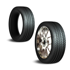 Car wheels set. New tires isolated on white. Wheel car, Car tire, Aluminum wheels isolated on white background. High detail vector.