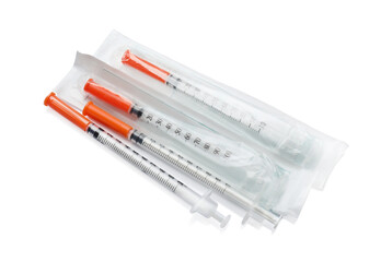 Disposable syringes on white background. Medical equipment