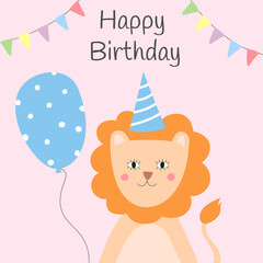 Birthday greeting card with cute lion and balloon. 