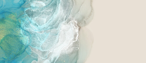 Abstract blue and pearl glitter watercolor horizontal long background. Marble texture. Alcohol ink