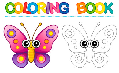 Coloring page funny smiling butterfly insect. Educational tracing coloring book for childrens activity