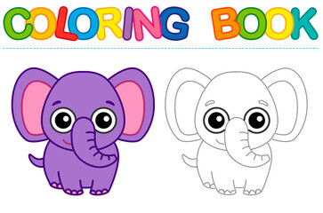 Coloring page funny cartoon elephant. Educational tracing coloring book for childrens activity