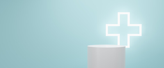 Obraz premium Abstract 3d geometric shape object illustration render, white podium in blue background, display for technology and medical business, advertising products, spa body care, relaxation, health