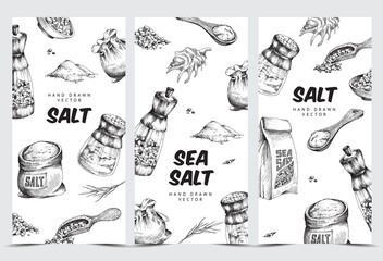 Set of sea salt backgrounds or labels hand drawn engraving vector illustration.