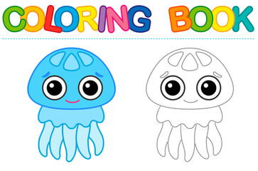 Coloring page cartoon smiling blue jellyfish. Educational tracing coloring book for childrens activity