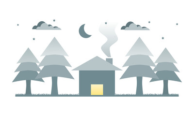 Home in forest pipe trees in night time with moon and stars winter season on white background paper cut flat vector.