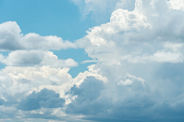 Clouds blue sky with morphing clouds moving at summer sunny day. Sky cloudscape. Nature, clean of birds, bugs, and dust.