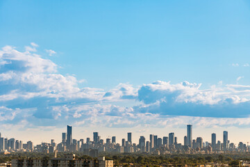 Fototapeta premium Toronto Canada scenic view of cityscape skyline and cloudy sunny summer day. Climate change concept. Dramatic cloudscape. Clean of birds, bugs, and dust