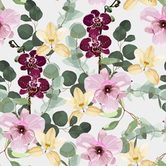 Greenery seamless pattern with eucalyptus branch and many kind of flowers for wedding card, fabric, textile, wrapping. Watercolor style illustration on white background.