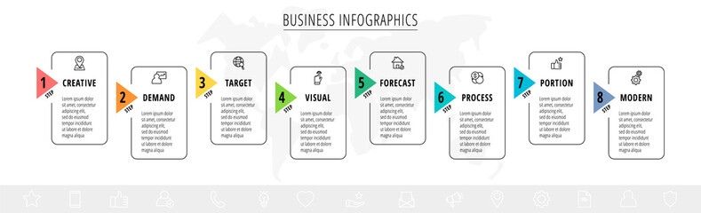 Vector infographic square label, template design. Business concept, Infograph with rectangles eight options, step, arrow. Line infographics element for layout process diagram, parts, graphic, web