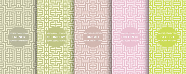 Set of vector colorful seamless geometric patterns - striped delicate design. Vibrant creative backgrounds, endless trendy textures - obrazy, fototapety, plakaty