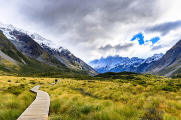 Walkway On Hooker Valley Track Towards Mount Cook