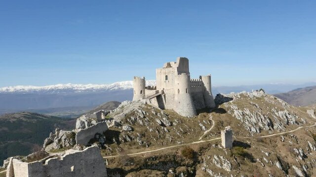 Aerial drone footage view Rocca Calascio, castle on the hill, in Abruzzo Italy // no video editing
