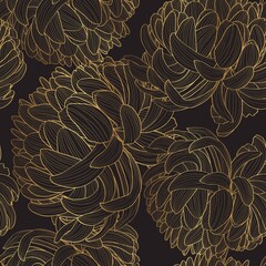 Seamless pattern with a Chrysanthemum Flowers natural ornament. Tropical vintage Golden Flowers floral seamless pattern on black background. 