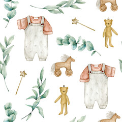 Watercolor seamless pattern with eucalyptus, wood star, baby jumpsuit, toy bear and horse. Isolated on white background. Hand drawn clipart. Perfect for card, tags, fabric, printing, wrapping.