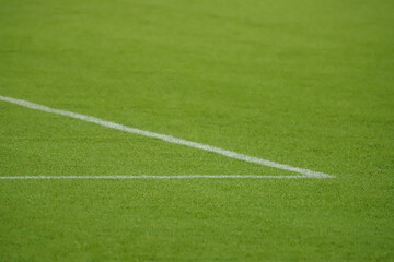 Obraz premium Synthetic grass of a football field with white lines at the entrance to the penalty area 