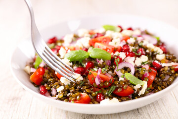 lentil salad with tomato, cheese and pomegranate