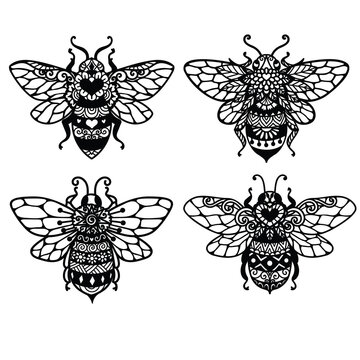 4 styles or Mandala bees for adult coloring book,printing,engraving,tattoo and so on. Vector illustration