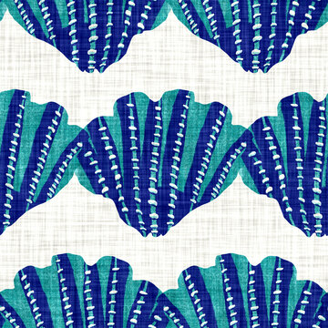 Aegean teal shell linen nautical texture background. Summer coastal living style home decor. Under the sea life  seashell material. Worn turquoise blue dyed textile seamless pattern.
