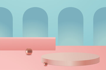 Vector illustration with abstract scene in minimal style Oval product podium, pink cube and gold balls on pastel turquoise and pink backdrop