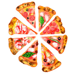 pizza set watercolor hand drawn illustration